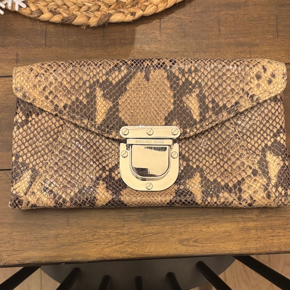 Michael Kors Tan and Brown Snake Print Clutch